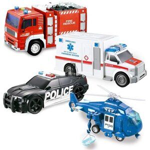 4 Packs Emergency Vehicle Toy Playsets, Friction Powered Vehicles
